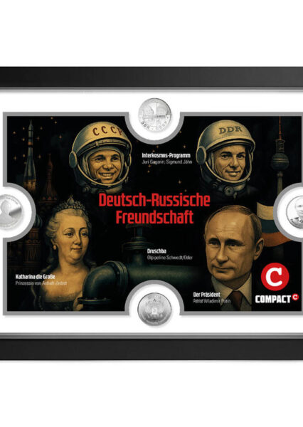 Schmuckrahmen-Komplettset mit vier COMPACT-Silbermedaillen – Patriot Putin, Druschba, Katharina die Große, Interkosmos (Gagarin & Jähn)